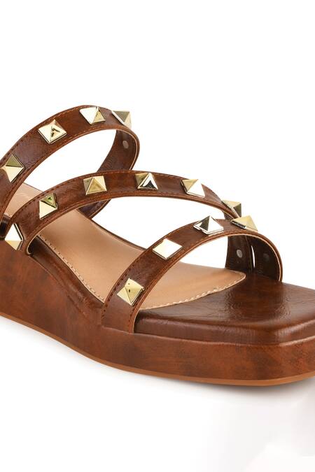 Buy Kaltheos Brown Embellished Cube Square Toe Strap Wedges Buy_Kaltheos_Brown Embellished Cube Square Toe Strap Wedges