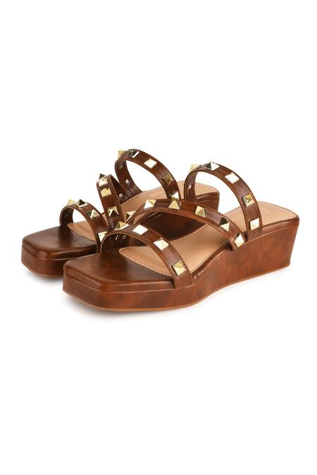 Shop Kaltheos Brown Embellished Cube Square Toe Strap Wedges Shop_Kaltheos_Brown Embellished Cube Square Toe Strap Wedges