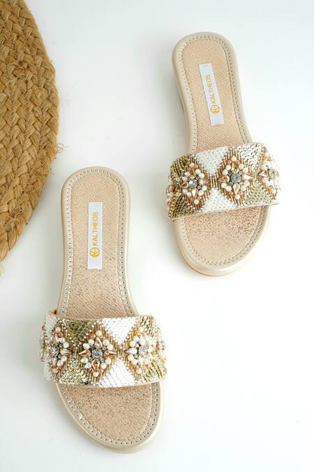 Kaltheos_Gold Embellished Cynthia Bead Block Heels_Online_at_Aza_Fashions
