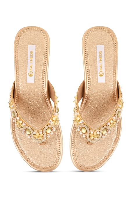 Buy Kaltheos Gold Embroidery Elena Flower Embellished Wedges Online at Aza Fashions Buy_Kaltheos_Gold Embroidery Elena Flower Embellished Wedges_Online_at_Aza_Fashions