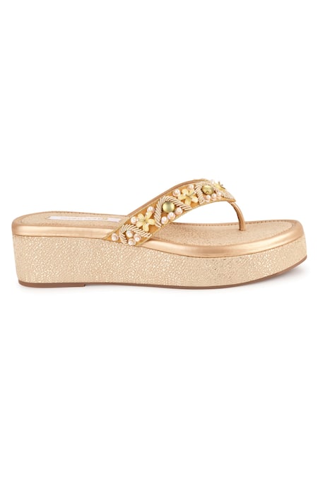 Shop_Kaltheos_Gold Embroidery Elena Flower Embellished Wedges_Online_at_Aza_Fashions