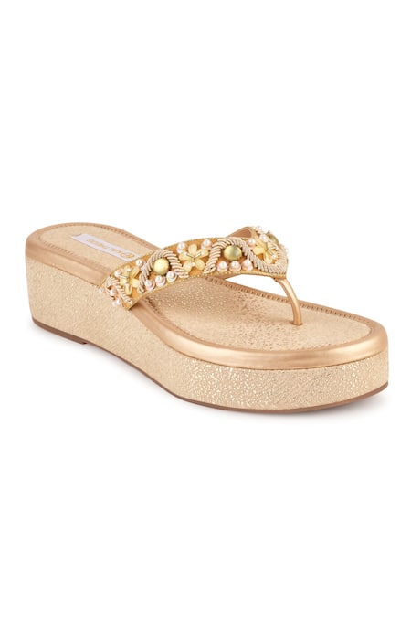 Kaltheos_Gold Embroidery Elena Flower Embellished Wedges_at_Aza_Fashions