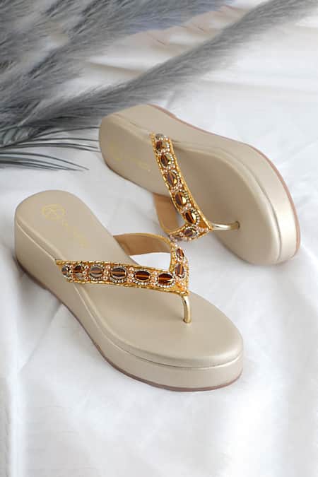 Kaltheos_Gold Embellished Elena Stone Strap Wedges_Online_at_Aza_Fashions