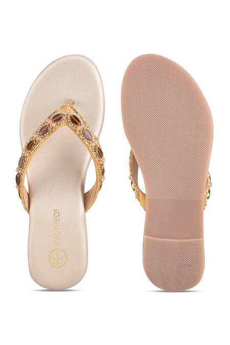 Shop_Kaltheos_Gold Embellished Elena Stone Strap Wedges_Online_at_Aza_Fashions