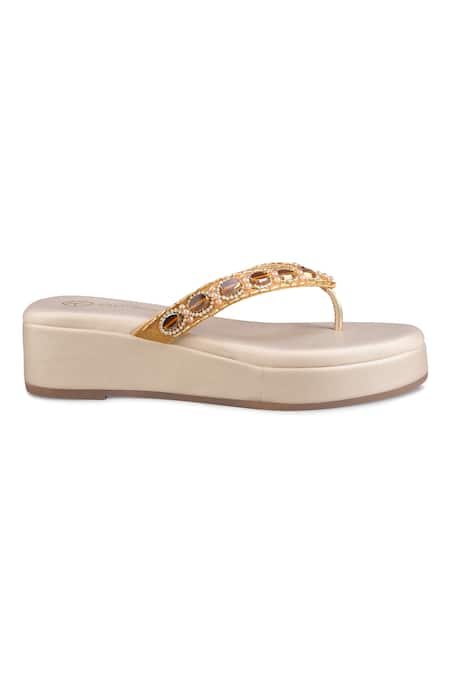 Kaltheos_Gold Embellished Elena Stone Strap Wedges_at_Aza_Fashions