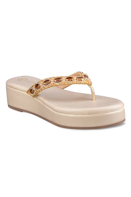 Buy_Kaltheos_Gold Embellished Elena Stone Strap Wedges