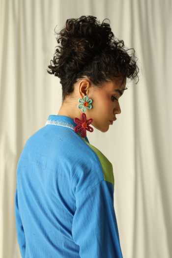 Jodi_Blue Handloom Cotton Embroidery Collared Kangra Handwoven Color Block Midi Dress_Online_at_Aza_Fashions