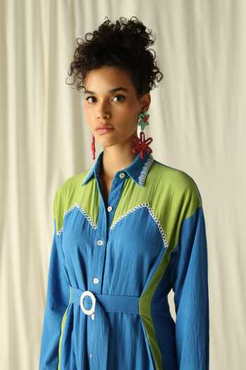 Buy_Jodi_Blue Handloom Cotton Embroidery Collared Kangra Handwoven Color Block Midi Dress_Online_at_Aza_Fashions