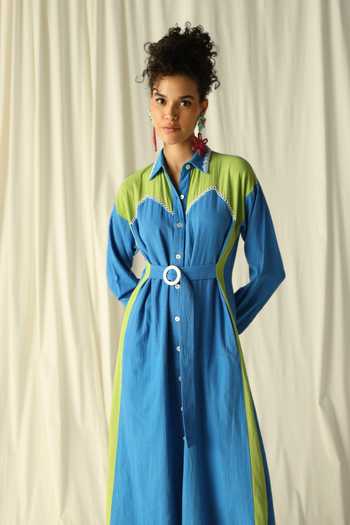 Shop_Jodi_Blue Handloom Cotton Embroidery Collared Kangra Handwoven Color Block Midi Dress_Online_at_Aza_Fashions