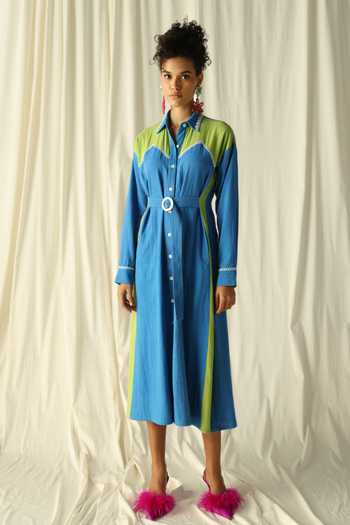 Jodi_Blue Handloom Cotton Embroidery Collared Kangra Handwoven Color Block Midi Dress_at_Aza_Fashions