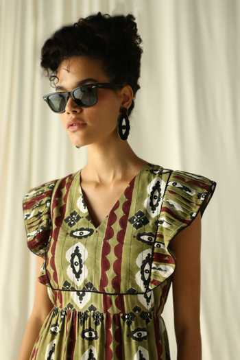 Jodi_Green Cotton V-neck Chamba Abstract Floral Print Dress_Online_at_Aza_Fashions