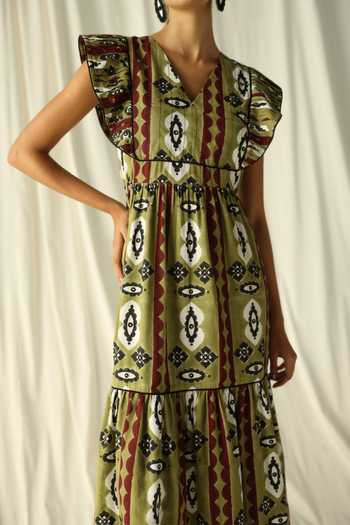 Buy_Jodi_Green Cotton V-neck Chamba Abstract Floral Print Dress_Online_at_Aza_Fashions