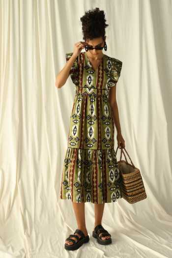Shop_Jodi_Green Cotton V-neck Chamba Abstract Floral Print Dress_Online_at_Aza_Fashions