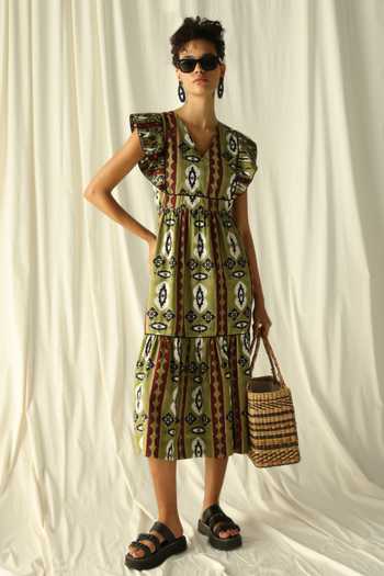 Jodi_Green Cotton V-neck Chamba Abstract Floral Print Dress_at_Aza_Fashions