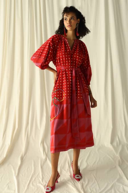 Shop_Jodi_Pink Cotton Mandarin Collar Andretta Geometric Print Peasant Dress _at_Aza_Fashions