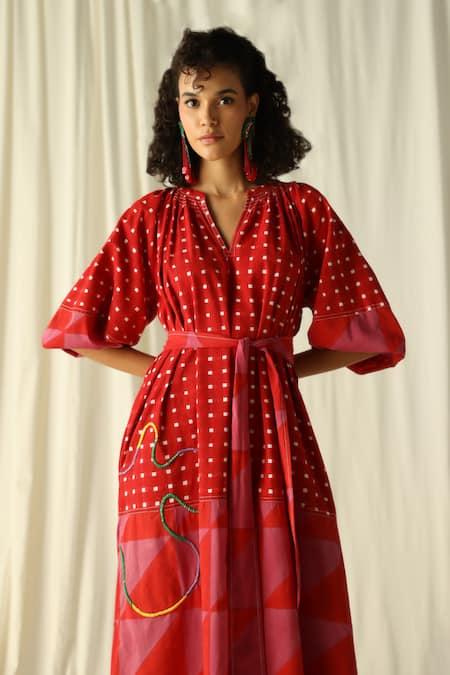 Jodi_Pink Cotton Mandarin Collar Andretta Geometric Print Peasant Dress _Online_at_Aza_Fashions