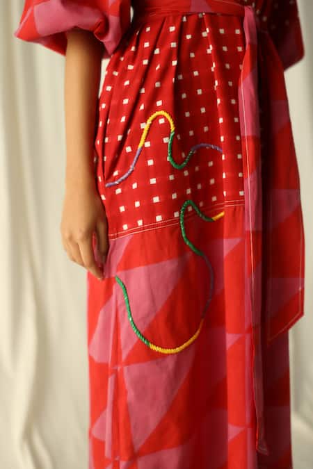 Buy_Jodi_Pink Cotton Mandarin Collar Andretta Geometric Print Peasant Dress _Online_at_Aza_Fashions