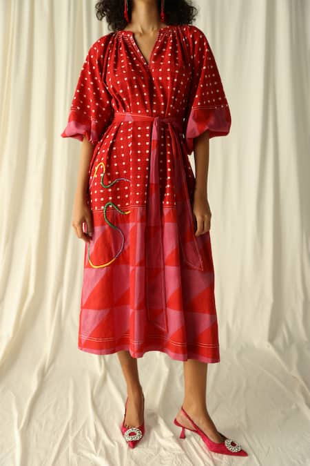 Shop_Jodi_Pink Cotton Mandarin Collar Andretta Geometric Print Peasant Dress _Online_at_Aza_Fashions