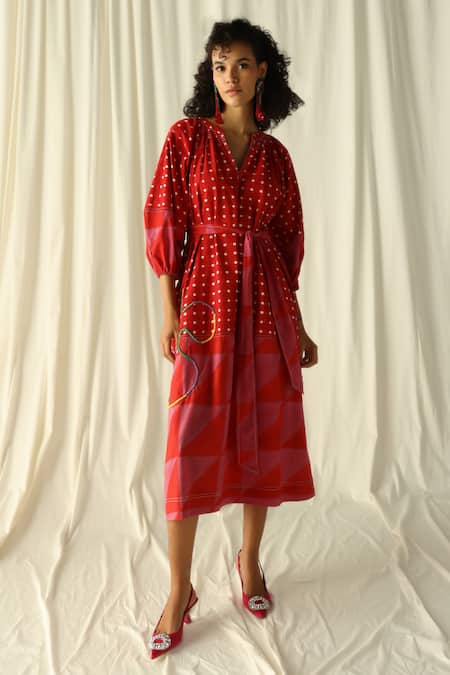Jodi_Pink Cotton Mandarin Collar Andretta Geometric Print Peasant Dress _at_Aza_Fashions