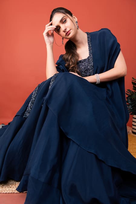 Label Shristi Chetani Dhruv Tonal Beads Embellished Cape Lehenga Set 