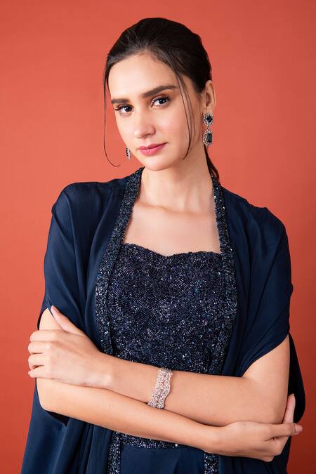 Label Shristi Chetani_Blue Crepe Sequins Sweetheart Dhruv Tonal Beads Embellished Cape Lehenga Set_Online_at_Aza_Fashions