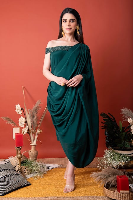 LABEL SHRISTI CHETANI Green Crepe Embellished Sequin Off Shoulder Sasya Draped Dress 