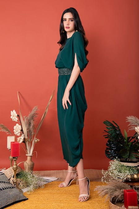 Label Shristi Chetani Khoob Poncho Sleeves Dress With Embellished Belt 