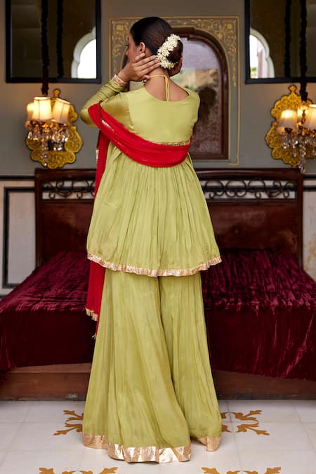 Shop Nimbu Mirchi Green Chiffon, Tissue, Satin Embroidery V-neck Flora Peplum Kurta Palazzo Set at Aza Fashions Shop_Nimbu Mirchi_Green Chiffon, Tissue, Satin Embroidery V-neck Flora Peplum Kurta Palazzo Set _at_Aza_Fashions