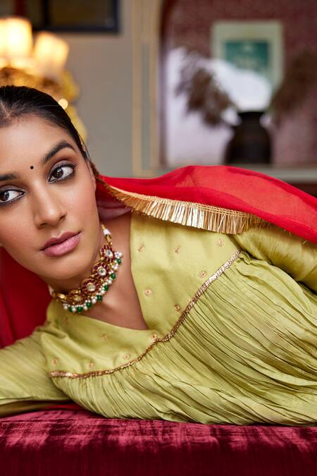 Buy Nimbu Mirchi Green Chiffon, Tissue, Satin Embroidery V-neck Flora Peplum Kurta Palazzo Set Online at Aza Fashions Buy_Nimbu Mirchi_Green Chiffon, Tissue, Satin Embroidery V-neck Flora Peplum Kurta Palazzo Set _Online_at_Aza_Fashions