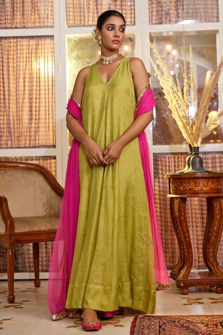 Nimbu Mirchi Green Soft Tissue Embroidery Ditsy Flora Halter Anarkali With Dupatta  