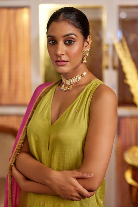 Buy_Nimbu Mirchi_Green Chiffon, Satin Embroidery, Tassels Ditsy Flora Anarkali With Dupatta _Online_at_Aza_Fashions