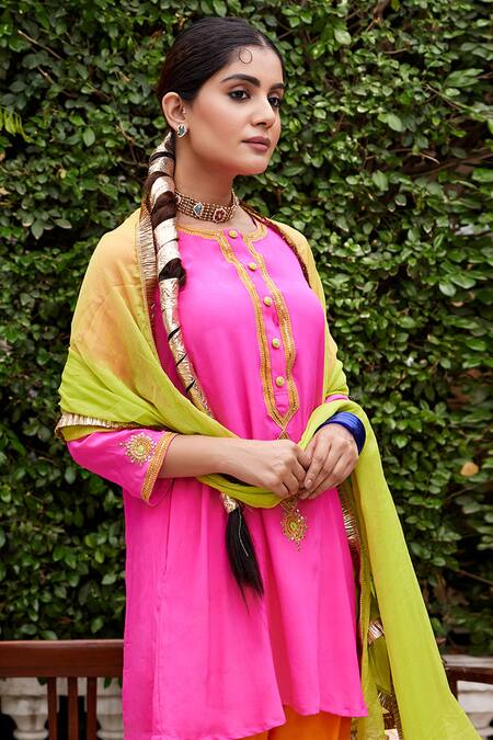 Nimbu Mirchi Pink Chiffon, Crepe Sequins, Zari Round Neck Flora Embroidered Kurta Set Online at Aza Fashions Nimbu Mirchi_Pink Chiffon, Crepe Sequins, Zari Round Neck Flora Embroidered Kurta Set _Online_at_Aza_Fashions