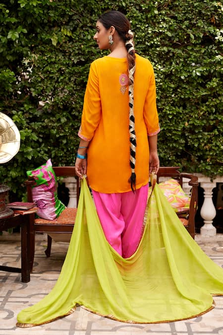 Shop Nimbu Mirchi Orange Crepe, Chiffon Sequins, Zari, Embroidery Round Neck Placket Kurta Set at Aza Fashions Shop_Nimbu Mirchi_Orange Crepe, Chiffon Sequins, Zari, Embroidery Round Neck Placket Kurta Set _at_Aza_Fashions