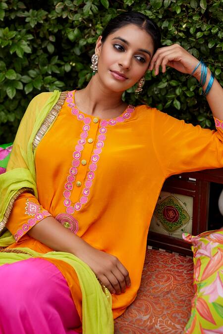 Nimbu Mirchi Orange Crepe, Chiffon Sequins, Zari, Embroidery Round Neck Placket Kurta Set Online at Aza Fashions Nimbu Mirchi_Orange Crepe, Chiffon Sequins, Zari, Embroidery Round Neck Placket Kurta Set _Online_at_Aza_Fashions