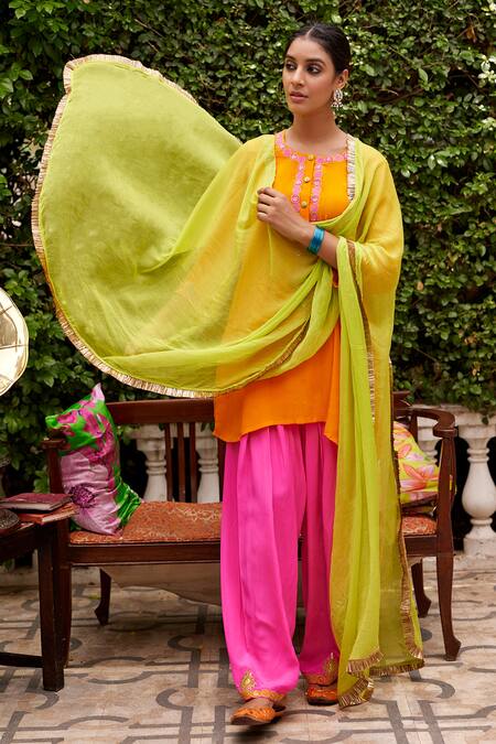 Buy Nimbu Mirchi Orange Crepe, Chiffon Sequins, Zari, Embroidery Round Neck Placket Kurta Set Online at Aza Fashions Buy_Nimbu Mirchi_Orange Crepe, Chiffon Sequins, Zari, Embroidery Round Neck Placket Kurta Set _Online_at_Aza_Fashions