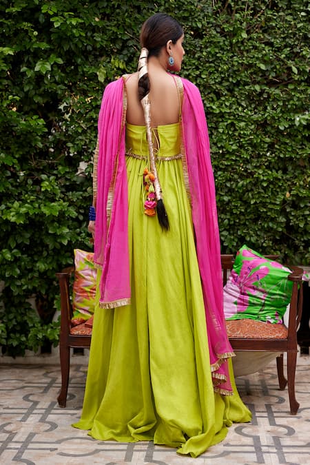 Shop Nimbu Mirchi Green Chanderi, Chiffon Sweetheart Ghungroo Embellished Anarkali With Dupatta at Aza Fashions Shop_Nimbu Mirchi_Green Chanderi, Chiffon Sweetheart Ghungroo Embellished Anarkali With Dupatta _at_Aza_Fashions