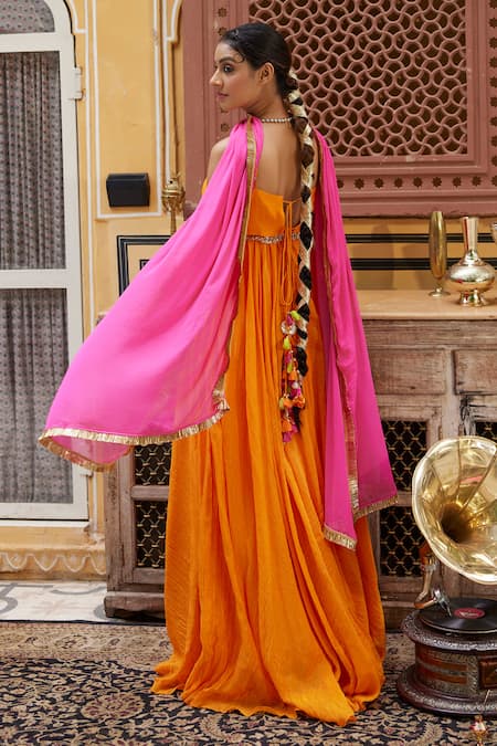 Shop Nimbu Mirchi Orange Chanderi, Chiffon Ghungroo Embellished Waistline Anarkali With Dupatta at Aza Fashions Shop_Nimbu Mirchi_Orange Chanderi, Chiffon Ghungroo Embellished Waistline Anarkali With Dupatta _at_Aza_Fashions