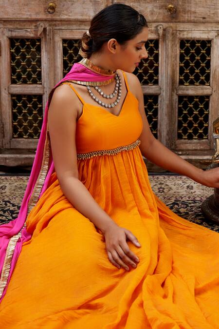 Nimbu Mirchi Orange Chanderi, Chiffon Ghungroo Embellished Waistline Anarkali With Dupatta Online at Aza Fashions Nimbu Mirchi_Orange Chanderi, Chiffon Ghungroo Embellished Waistline Anarkali With Dupatta _Online_at_Aza_Fashions