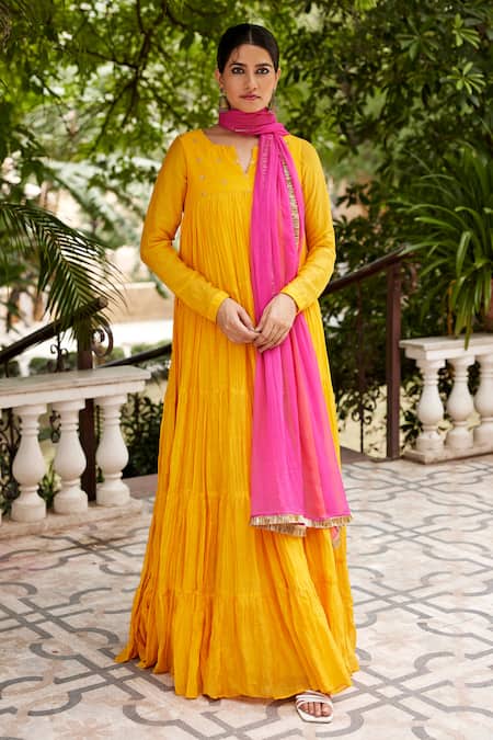 Nimbu Mirchi Yellow Pure Chanderi Embroidery Bloom Yoke Anarkali With Dupatta  