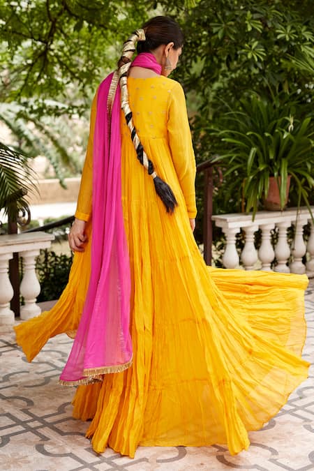 Shop Nimbu Mirchi Yellow Chiffon, Chanderi Embroidery Sequin Bloom Yoke Anarkali With Dupatta at Aza Fashions Shop_Nimbu Mirchi_Yellow Chiffon, Chanderi Embroidery Sequin Bloom Yoke Anarkali With Dupatta _at_Aza_Fashions