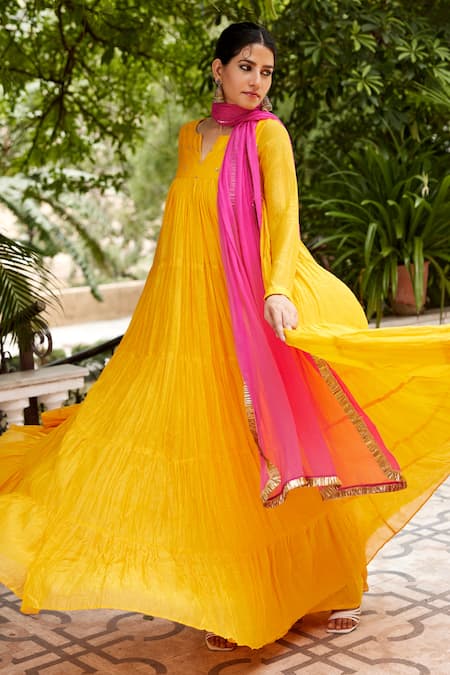 Nimbu Mirchi Yellow Chiffon, Chanderi Embroidery Sequin Bloom Yoke Anarkali With Dupatta Online at Aza Fashions Nimbu Mirchi_Yellow Chiffon, Chanderi Embroidery Sequin Bloom Yoke Anarkali With Dupatta _Online_at_Aza_Fashions