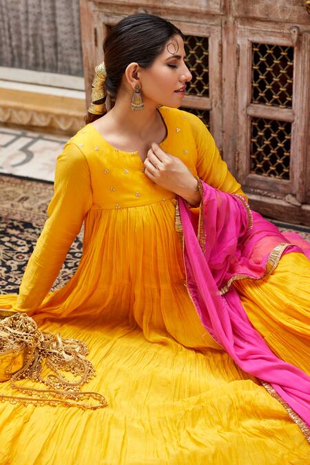 Buy Nimbu Mirchi Yellow Chiffon, Chanderi Embroidery Sequin Bloom Yoke Anarkali With Dupatta Online at Aza Fashions Buy_Nimbu Mirchi_Yellow Chiffon, Chanderi Embroidery Sequin Bloom Yoke Anarkali With Dupatta _Online_at_Aza_Fashions