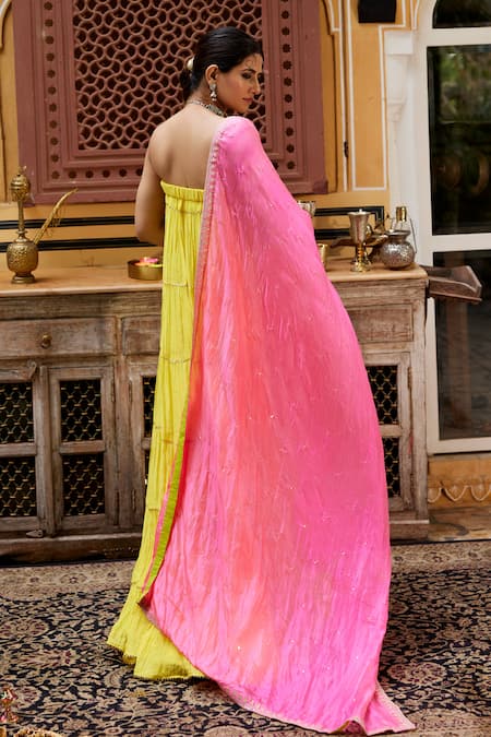 Nimbu Mirchi Gota Lace Embroidered Layered Tube Gown With Dupatta 