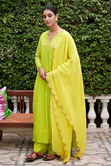 Nimbu Mirchi Green Pure Chanderi Embroidery Zari Sequin V Neck Yoke Anarkali Set 