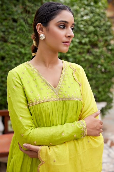 Buy_Nimbu Mirchi_Green Chanderi Embroidery, Sequins V-neck Zari Yoke Anarkali Set _Online_at_Aza_Fashions