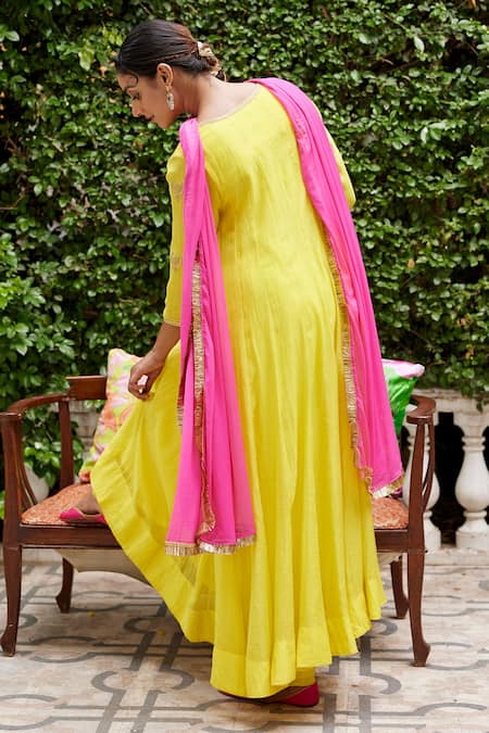 Shop_Nimbu Mirchi_Yellow Pure Chanderi Embroidery Zari Sequin Round Anarkali Set  _at_Aza_Fashions