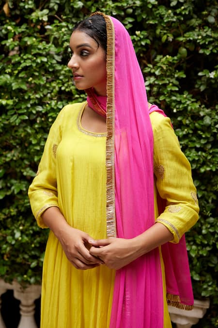 Buy_Nimbu Mirchi_Yellow Pure Chanderi Embroidery Zari Sequin Round Anarkali Set  _Online_at_Aza_Fashions
