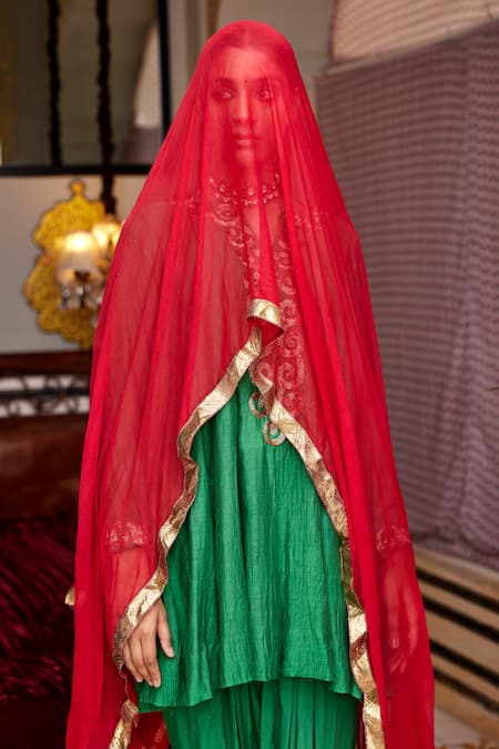 Nimbu Mirchi_Green Chanderi, Crepe, Chiffon Embroidery V-neck Nakshi Anarkali Salwar Set _Online_at_Aza_Fashions