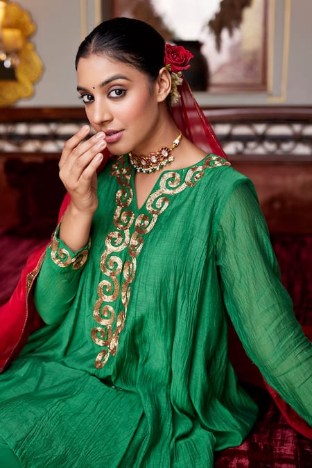 Shop_Nimbu Mirchi_Green Chanderi, Crepe, Chiffon Embroidery V-neck Nakshi Anarkali Salwar Set _Online_at_Aza_Fashions
