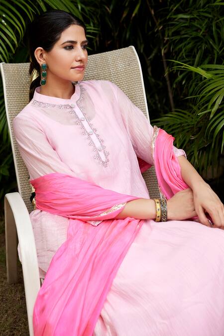 Nimbu Mirchi_Pink Chanderi, Silk Embroidery, Zari Mandarin Floral Placket Kurta Pant Set _Online_at_Aza_Fashions